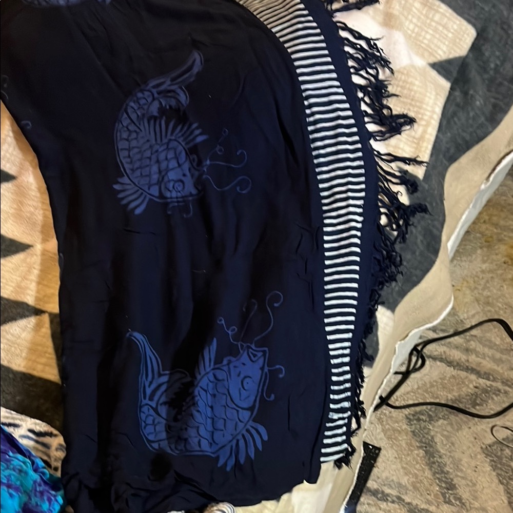 Navy Blue Fish Patterned Scarf - Picture 4 of 4